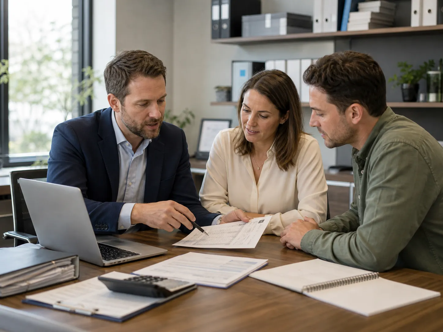 Accounting advisor reviewing financial documents with clients in an accounting firm office