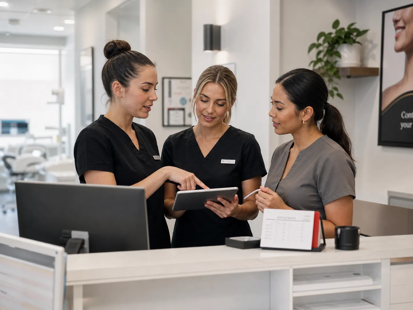 Dental practice staff reviewing an appointment schedule at reception