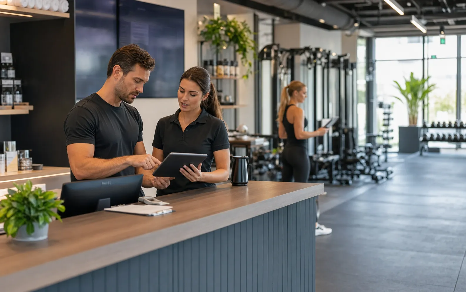 Gym reception and fitness staff reviewing member enquiries and follow-up tasks