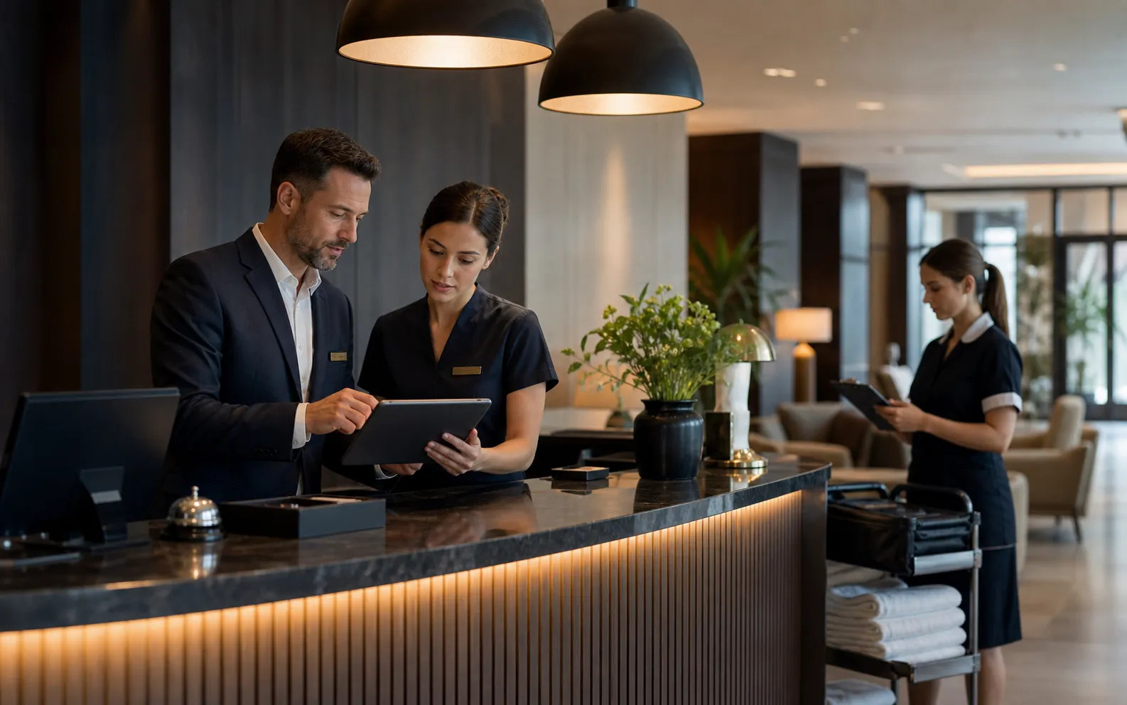 Hotel front desk and housekeeping staff reviewing guest requests and shift handoffs