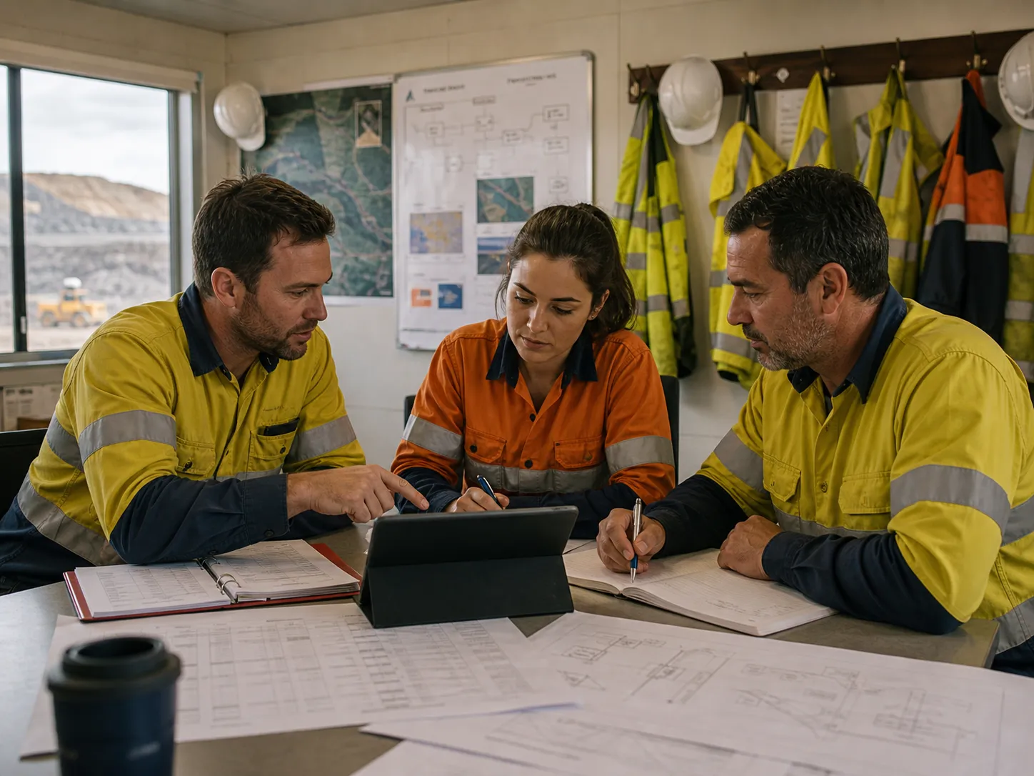 Mining operations team reviewing field reporting and procurement workflows in a site office