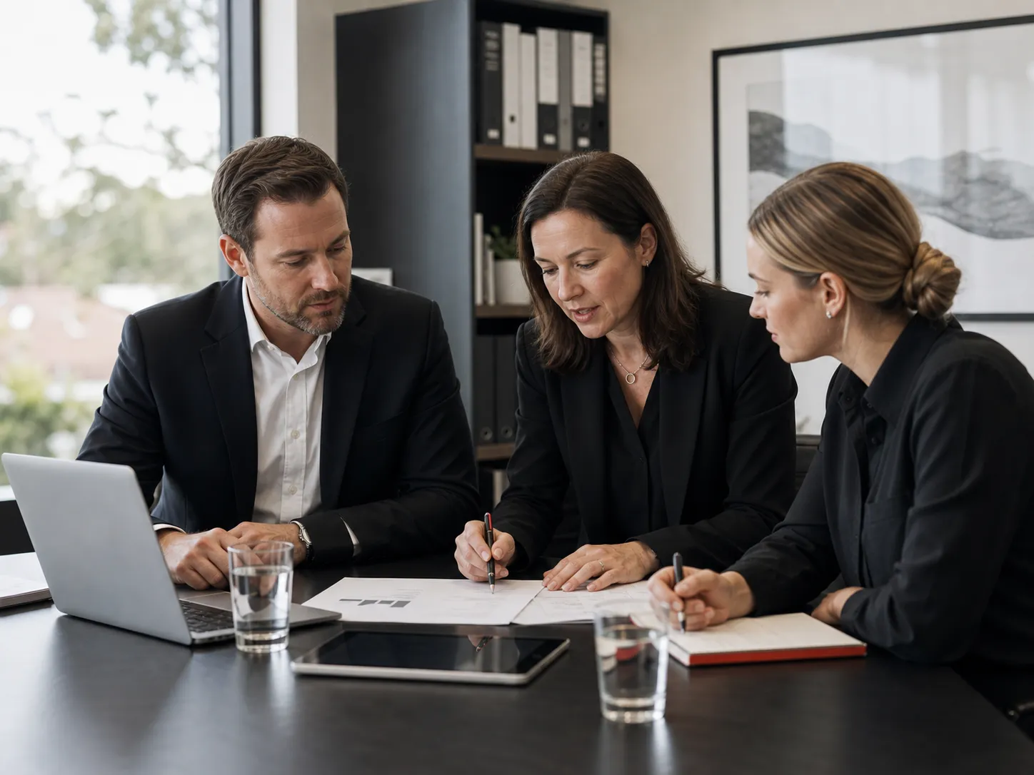 Professional services team reviewing documents in a client meeting