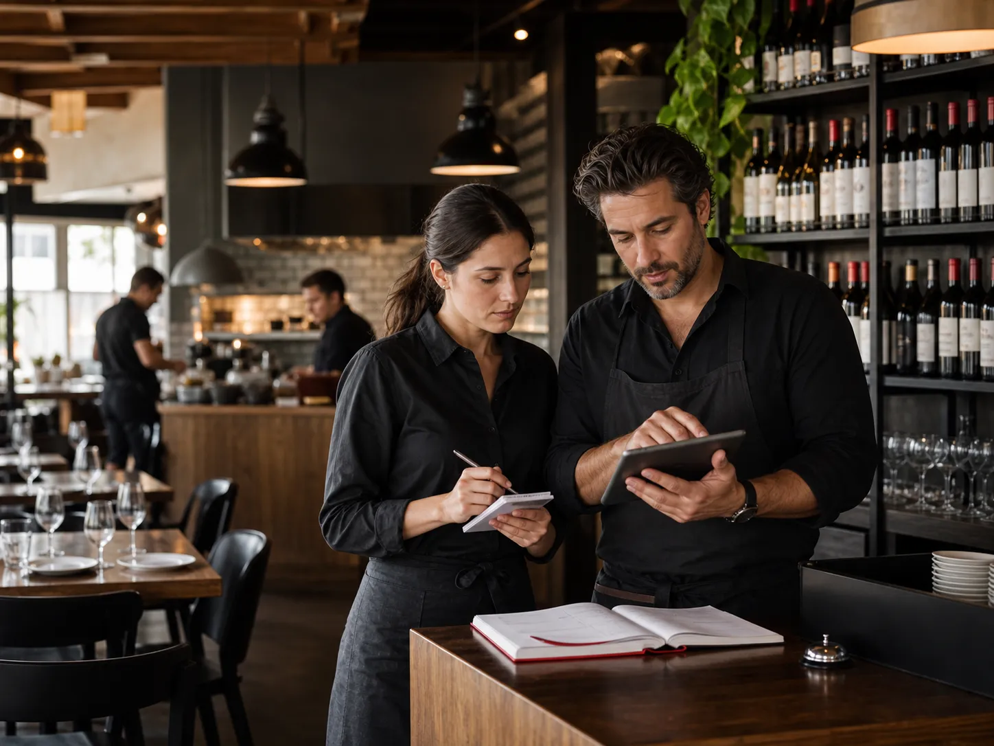 Restaurant manager reviewing bookings on a tablet before service