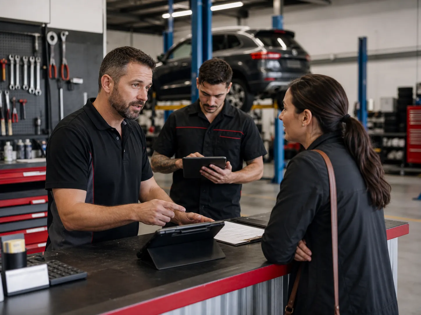 Auto repair service advisor speaking with a customer at the front desk