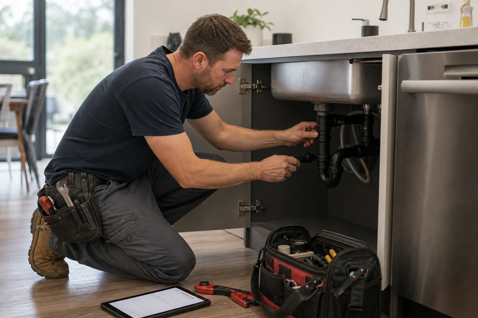 Plumber inspecting pipework under a sink with tools and a job tablet nearby